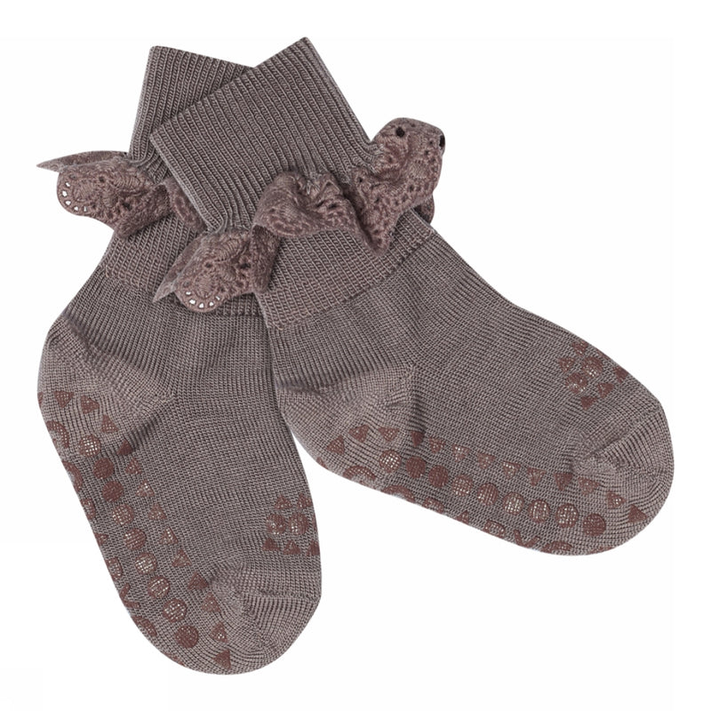 Skridsikre Strømper Merinould m. blonder - Dark Purple Dove