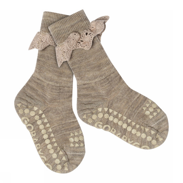 Skridsikre Strømper Merinould m. blonder - Light brown Melange